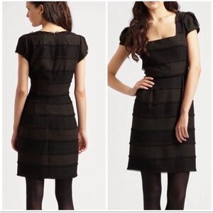 Nanette Lepore Catch Me Tweed Fringe Slate Tan Dress Square Neck Mini Sz 0